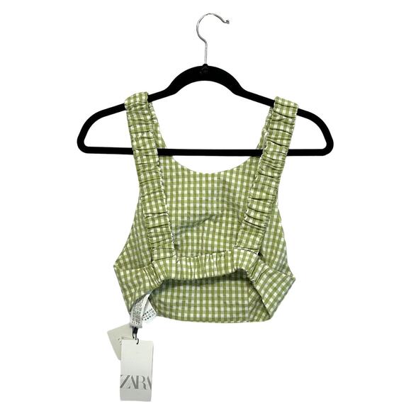 Zara Gingham Check Crop Tank Top NWT Women's Sz S Green White Casual Backless - Picture 2 of 6